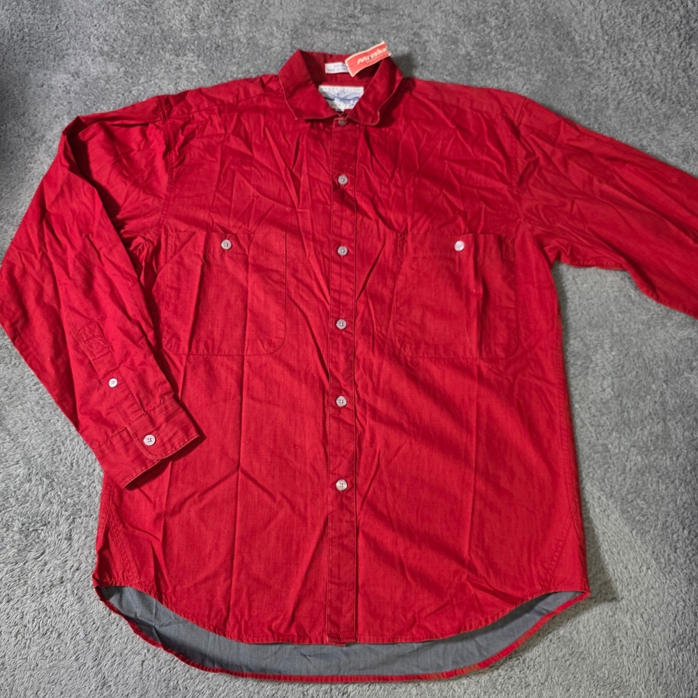 Perry Ellis America Mens Medium Button Down Shirt Red Cotton Long Sleeve Vintage